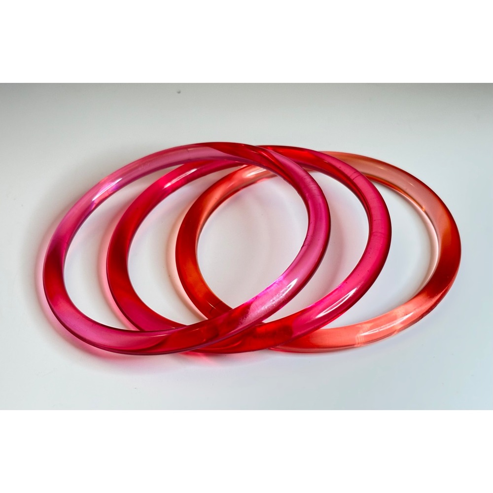 Vintage Lucite Retro Jelly Bangle Bracelet Trio Pink Red Translucent Stackable